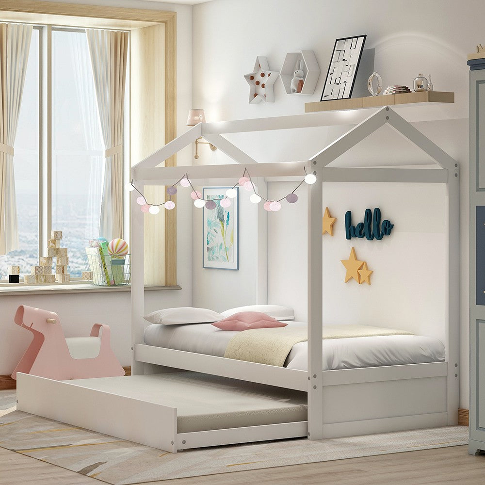 White Wood Twin Canopy Bed Frame with Trundle