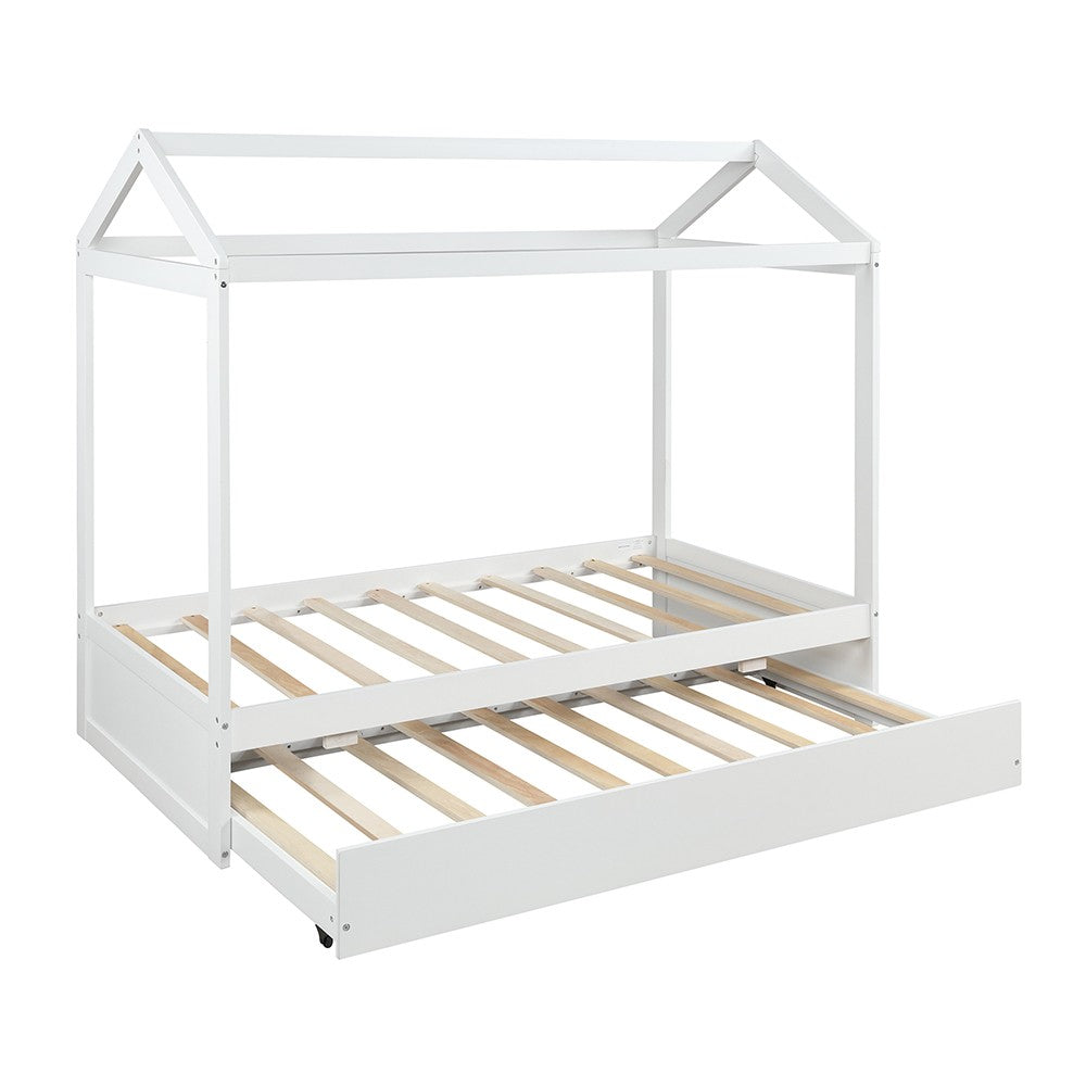 White Wood Twin Canopy Bed Frame with Trundle