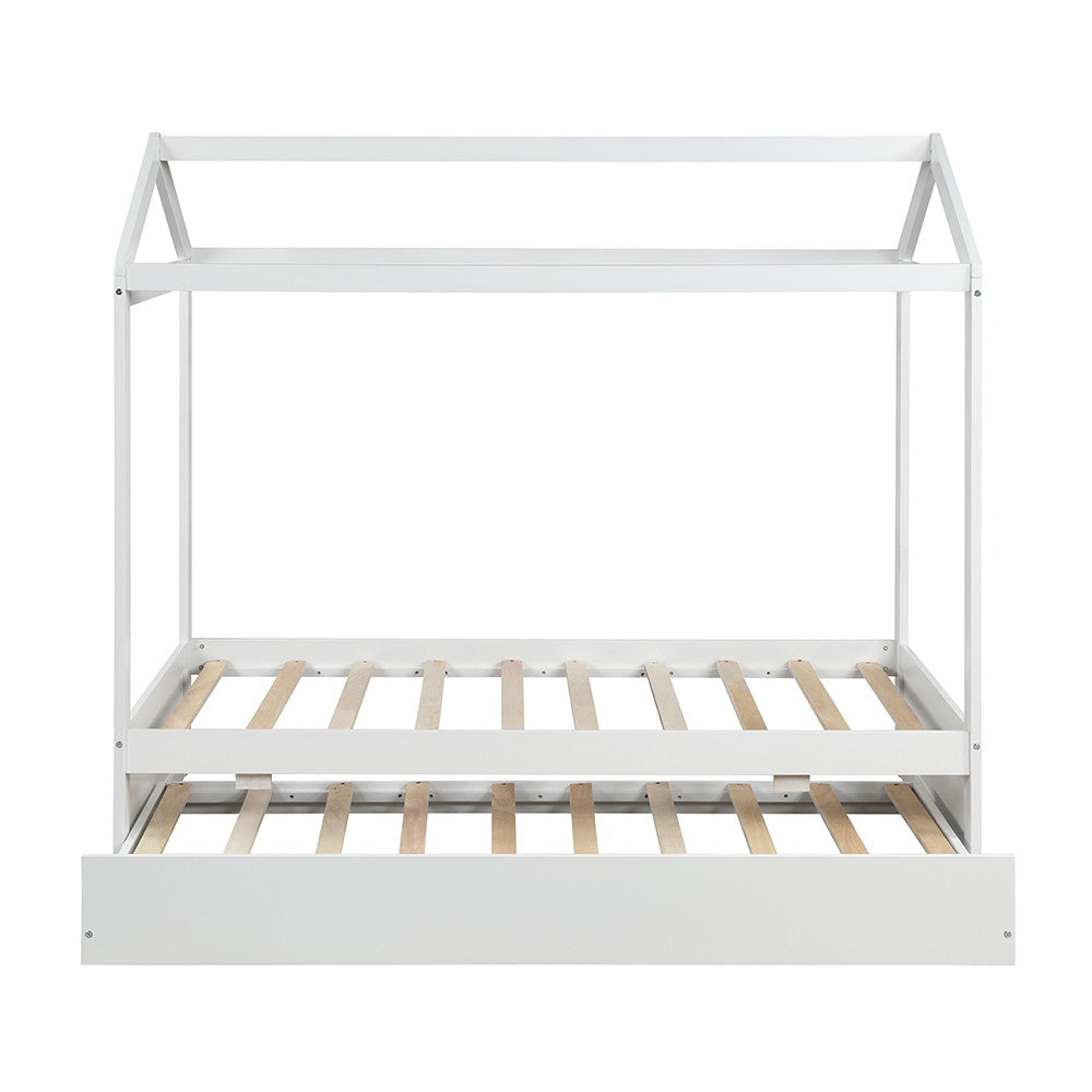 White Wood Twin Canopy Bed Frame with Trundle