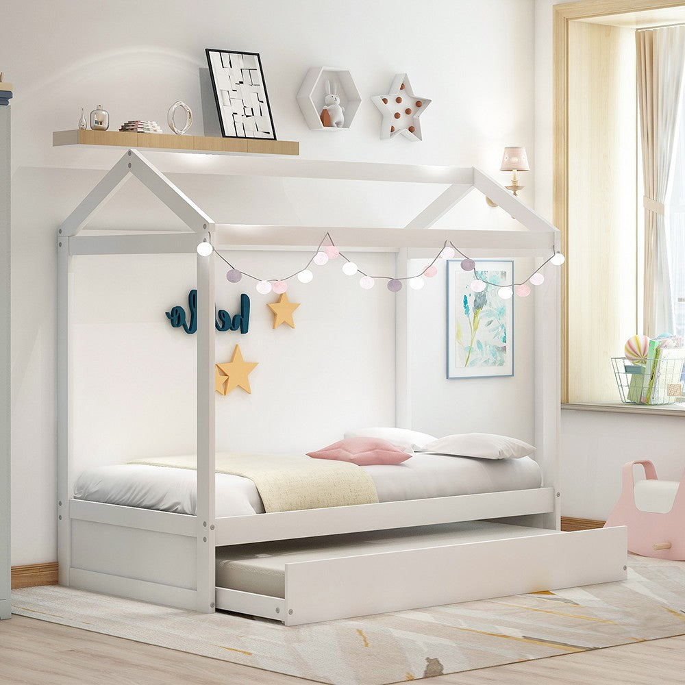 White Wood Twin Canopy Bed Frame with Trundle