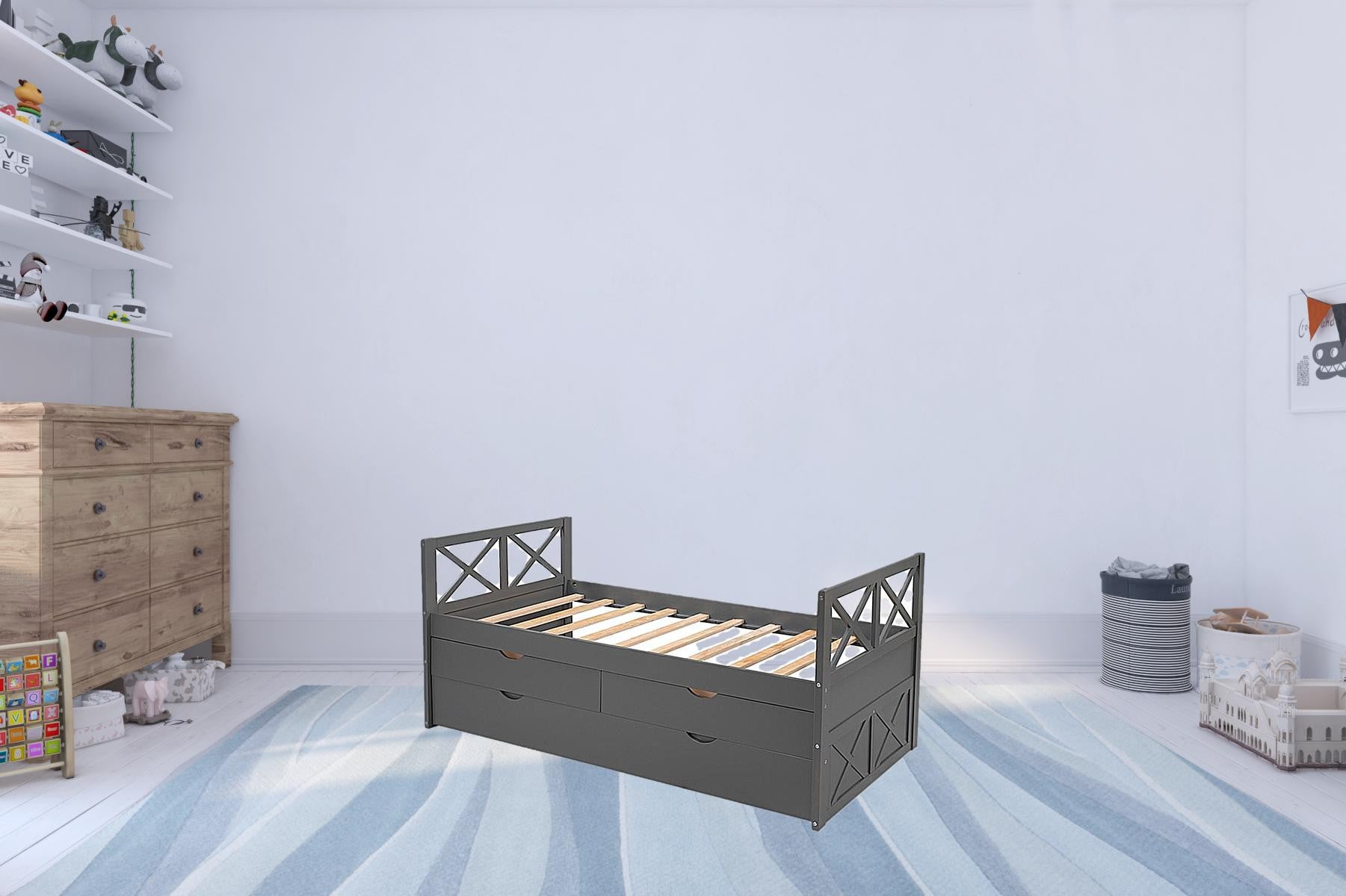 Gray Cross Back Wood Twin With Two Drawers Bed Frame with Trundle