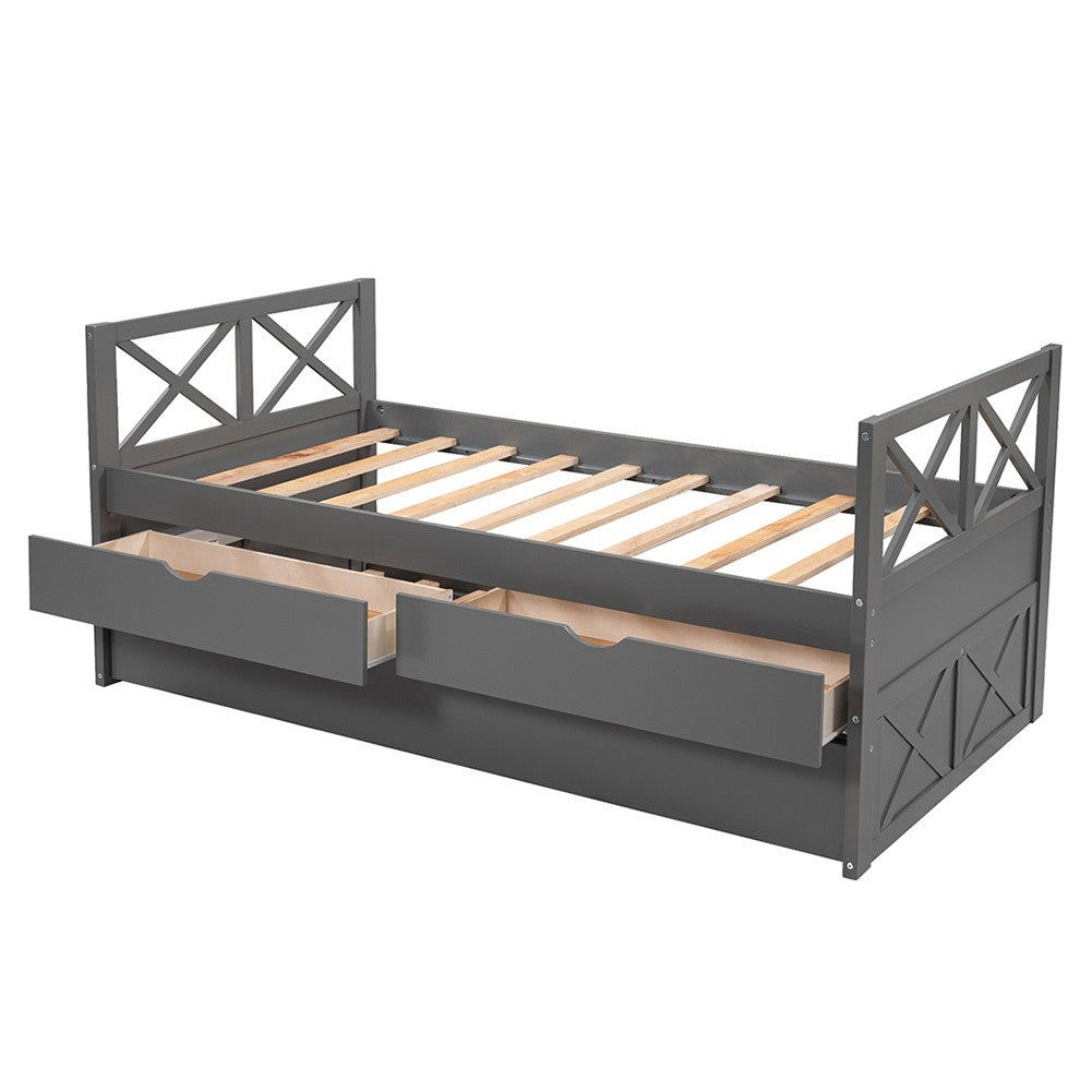 Gray Cross Back Wood Twin With Two Drawers Bed Frame with Trundle