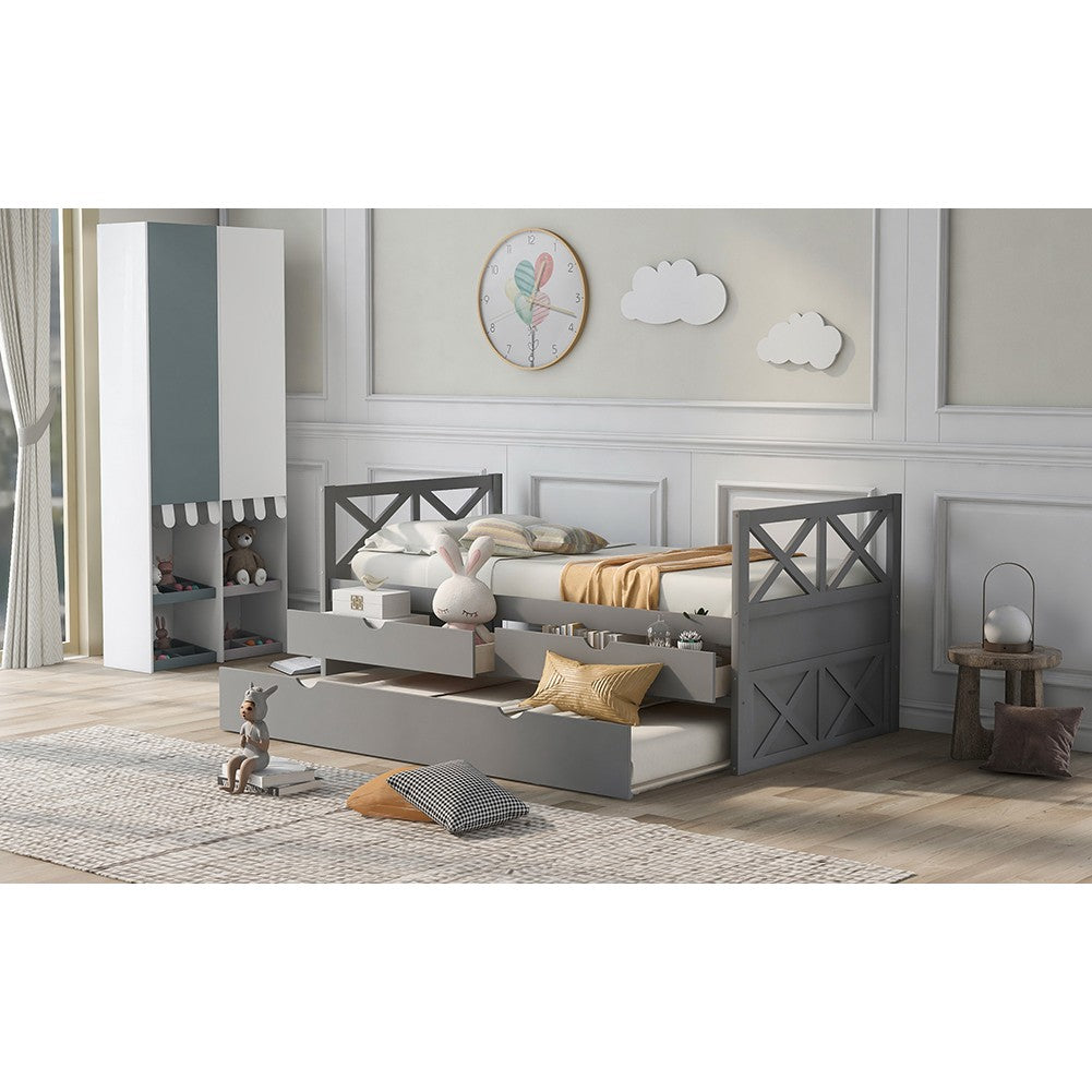 Gray Cross Back Wood Twin With Two Drawers Bed Frame with Trundle