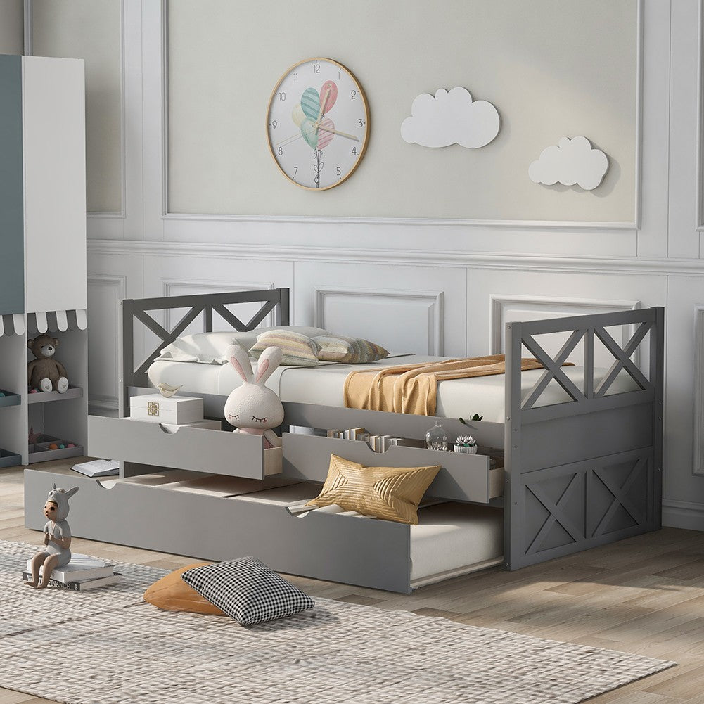 Gray Cross Back Wood Twin With Two Drawers Bed Frame with Trundle