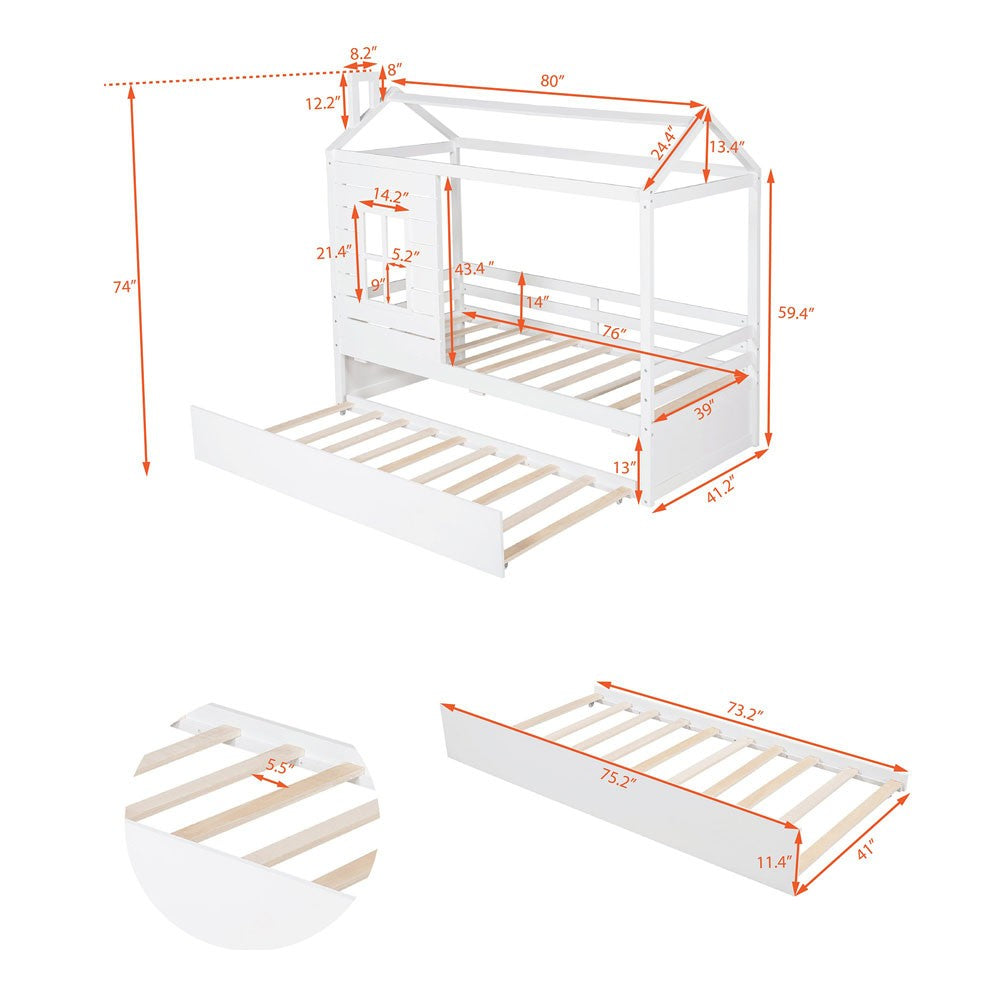 White Wood Twin Bed Frame with Trundle