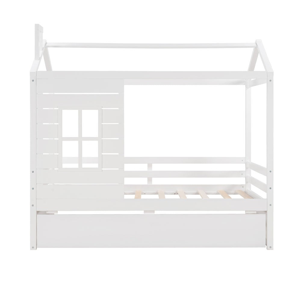 White Wood Twin Bed Frame with Trundle