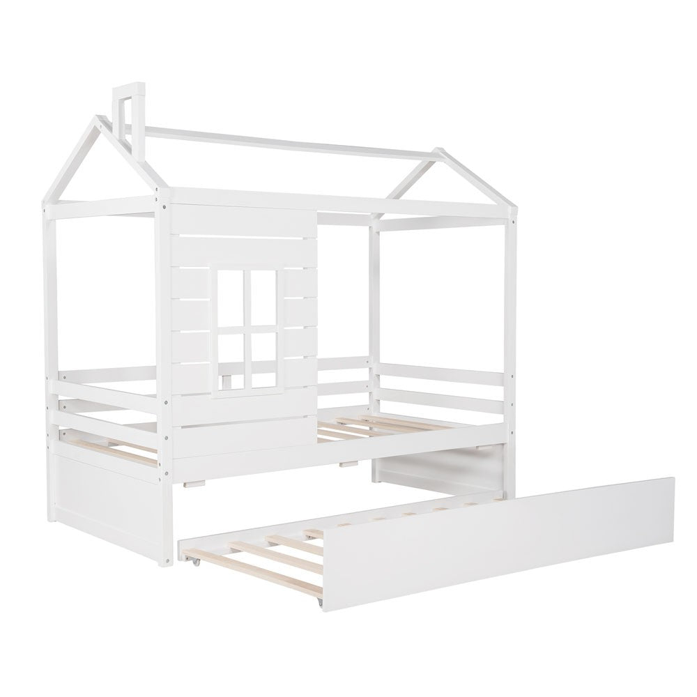 White Wood Twin Bed Frame with Trundle