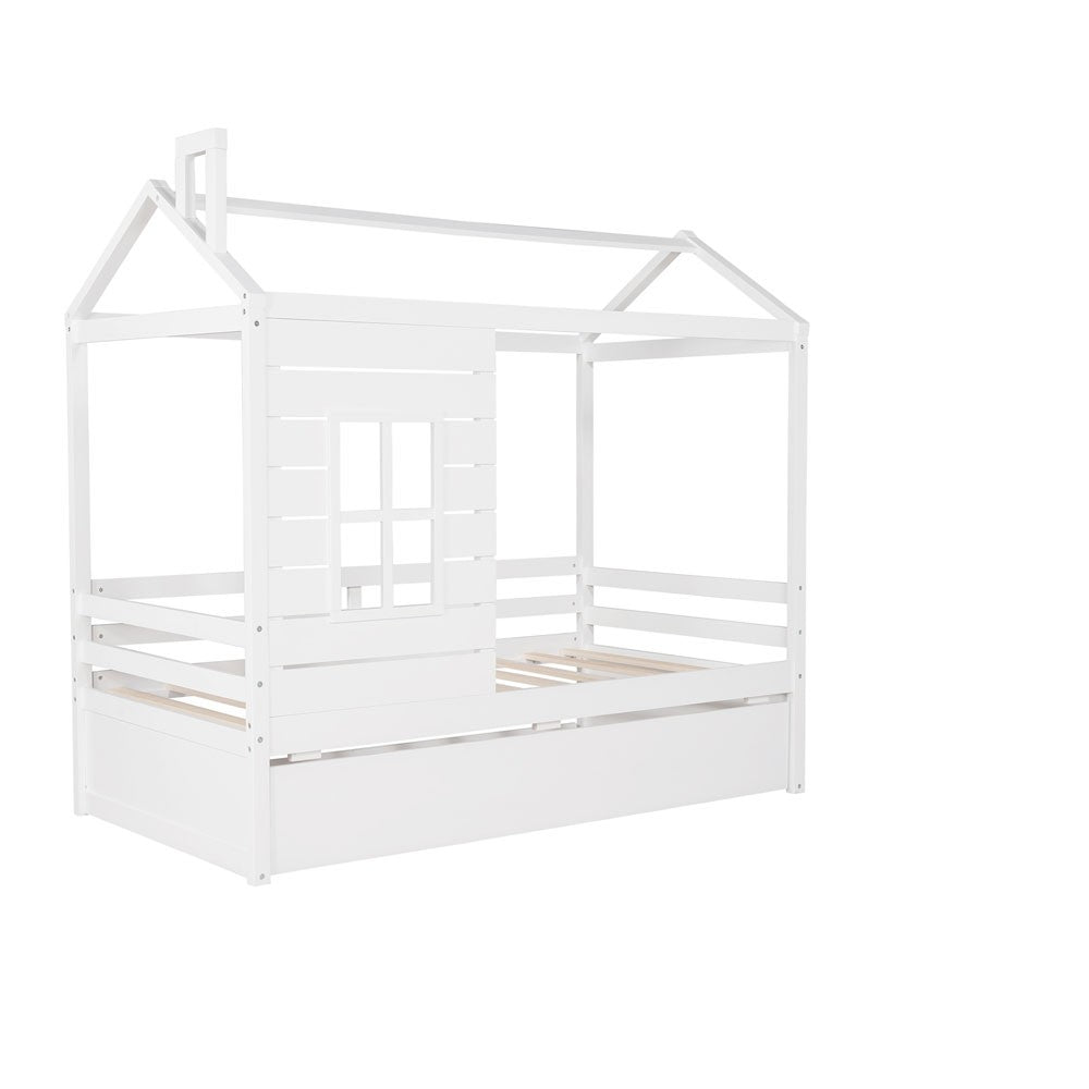 White Wood Twin Bed Frame with Trundle