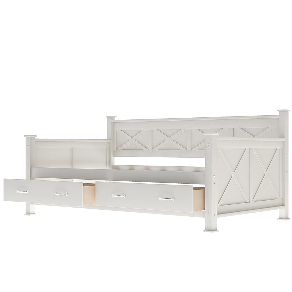 White Cross Back Wood Twin With Two Drawers Bed Frame