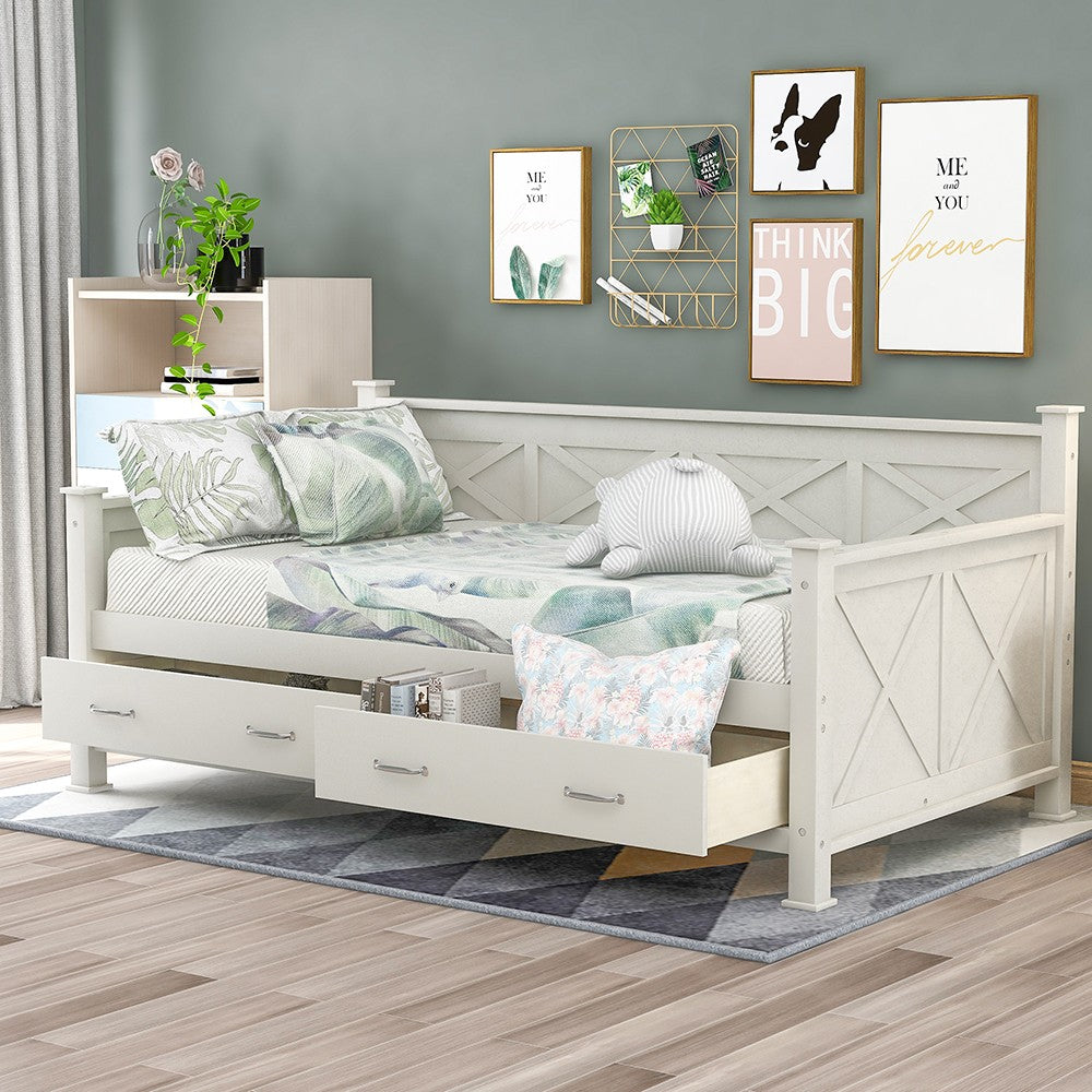 White Cross Back Wood Twin With Two Drawers Bed Frame