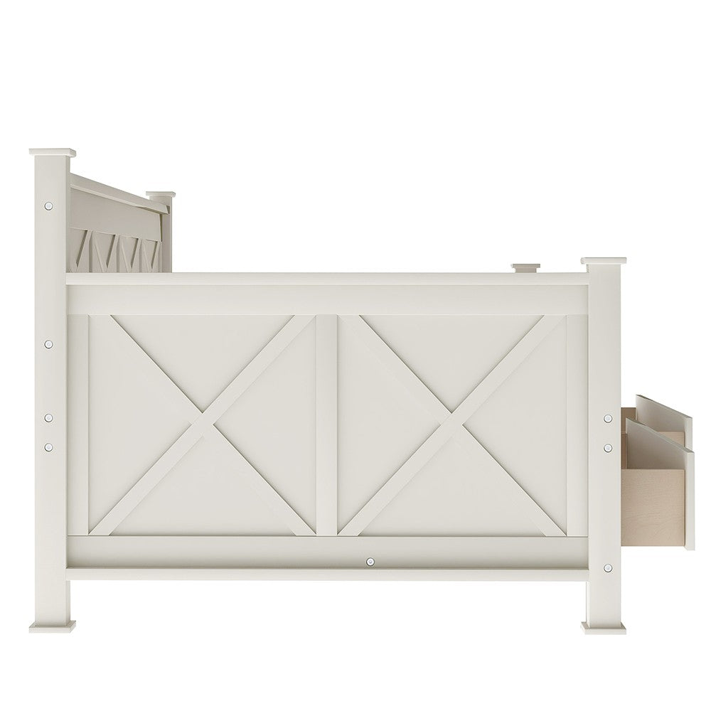 White Cross Back Wood Twin With Two Drawers Bed Frame