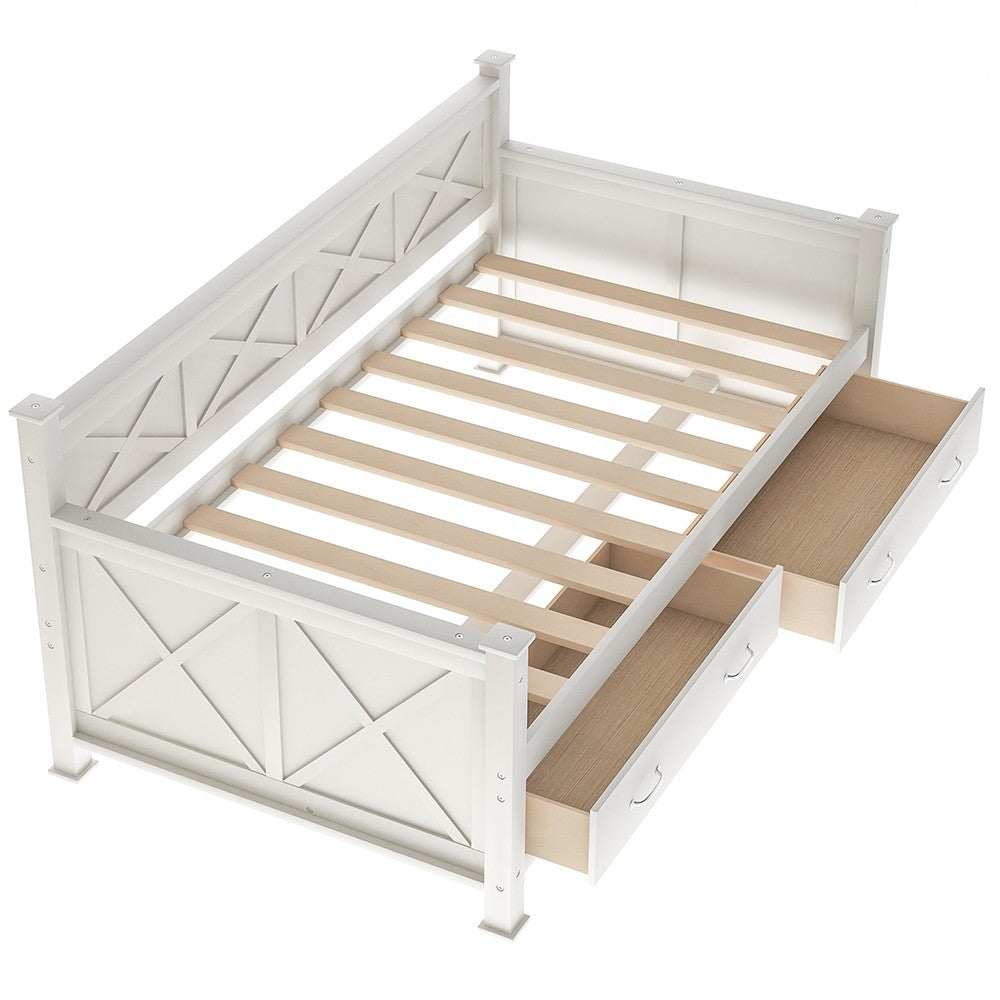 White Cross Back Wood Twin With Two Drawers Bed Frame