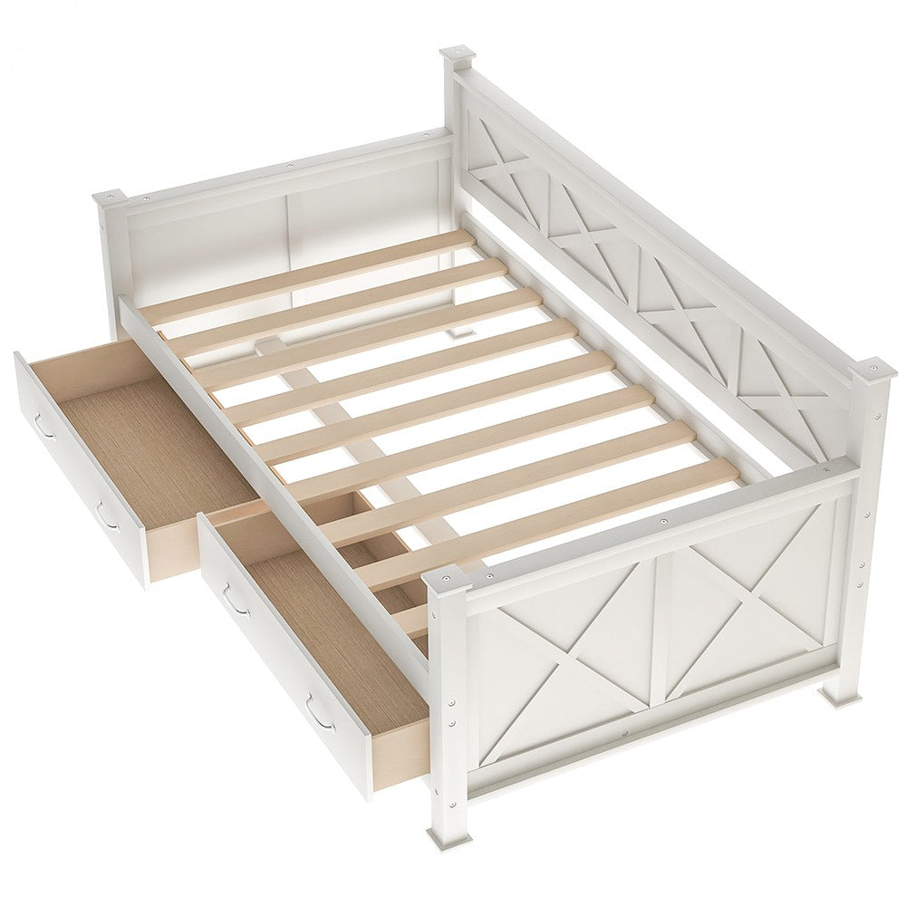 White Cross Back Wood Twin With Two Drawers Bed Frame