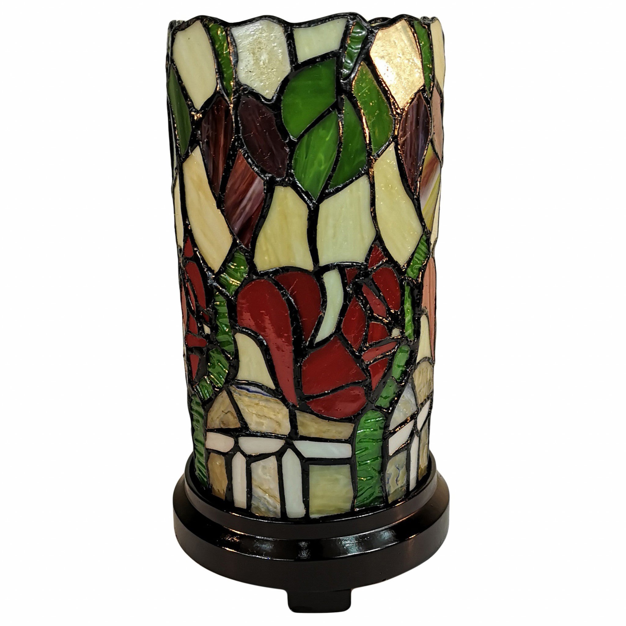 14" Red Green and Black Floral Stained Glass Accent Lamp