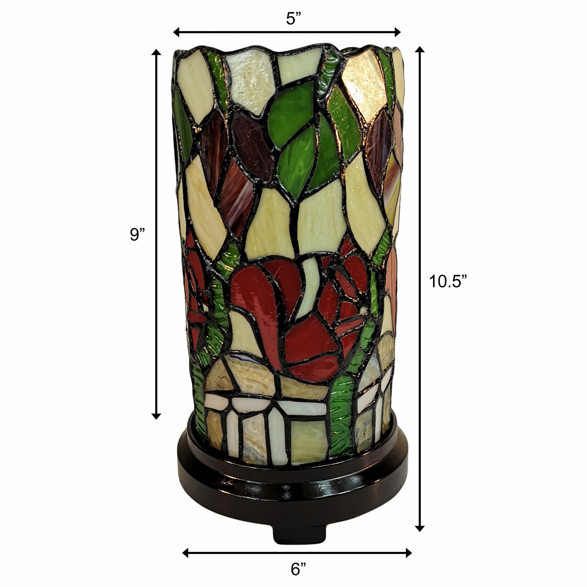 14" Red Green and Black Floral Stained Glass Accent Lamp