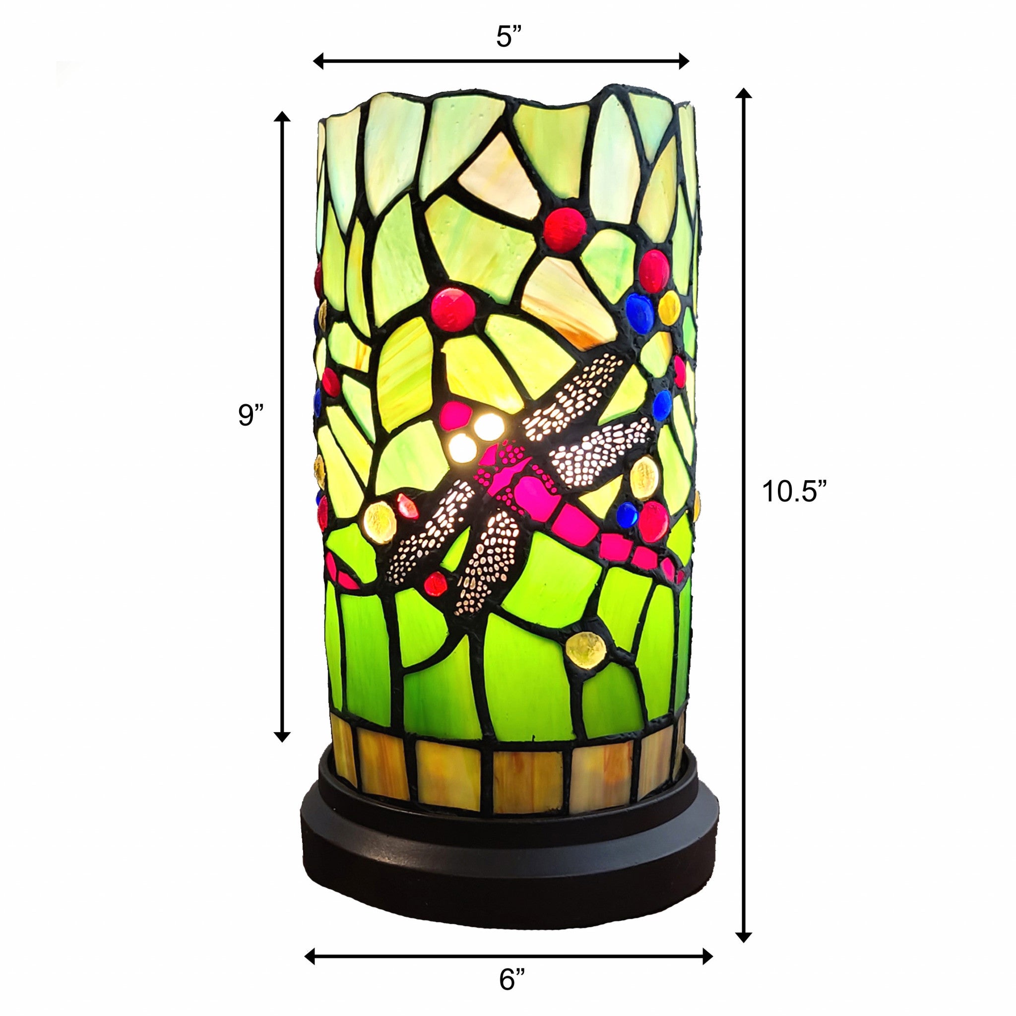 11" Green and Pink Dragonfly Stained Glass Accent Lamp