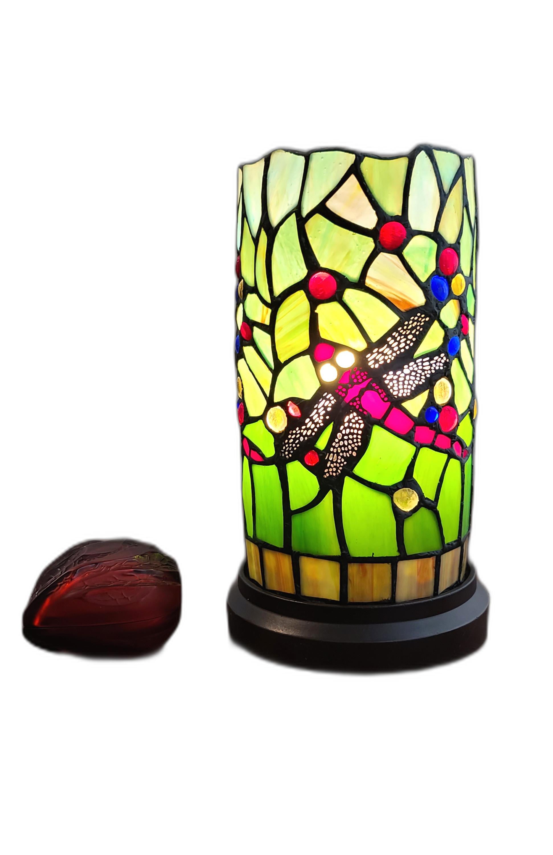 11" Green and Pink Dragonfly Stained Glass Accent Lamp