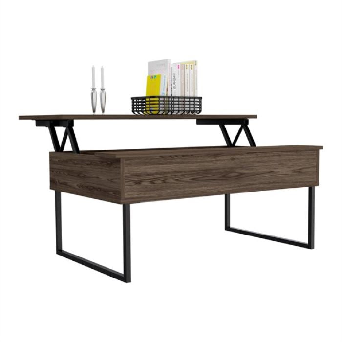 41" Dark Brown and Black Wood and Metal Lift Top Coffee Table