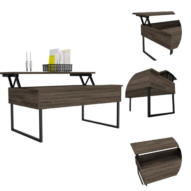 41" Dark Brown and Black Wood and Metal Lift Top Coffee Table