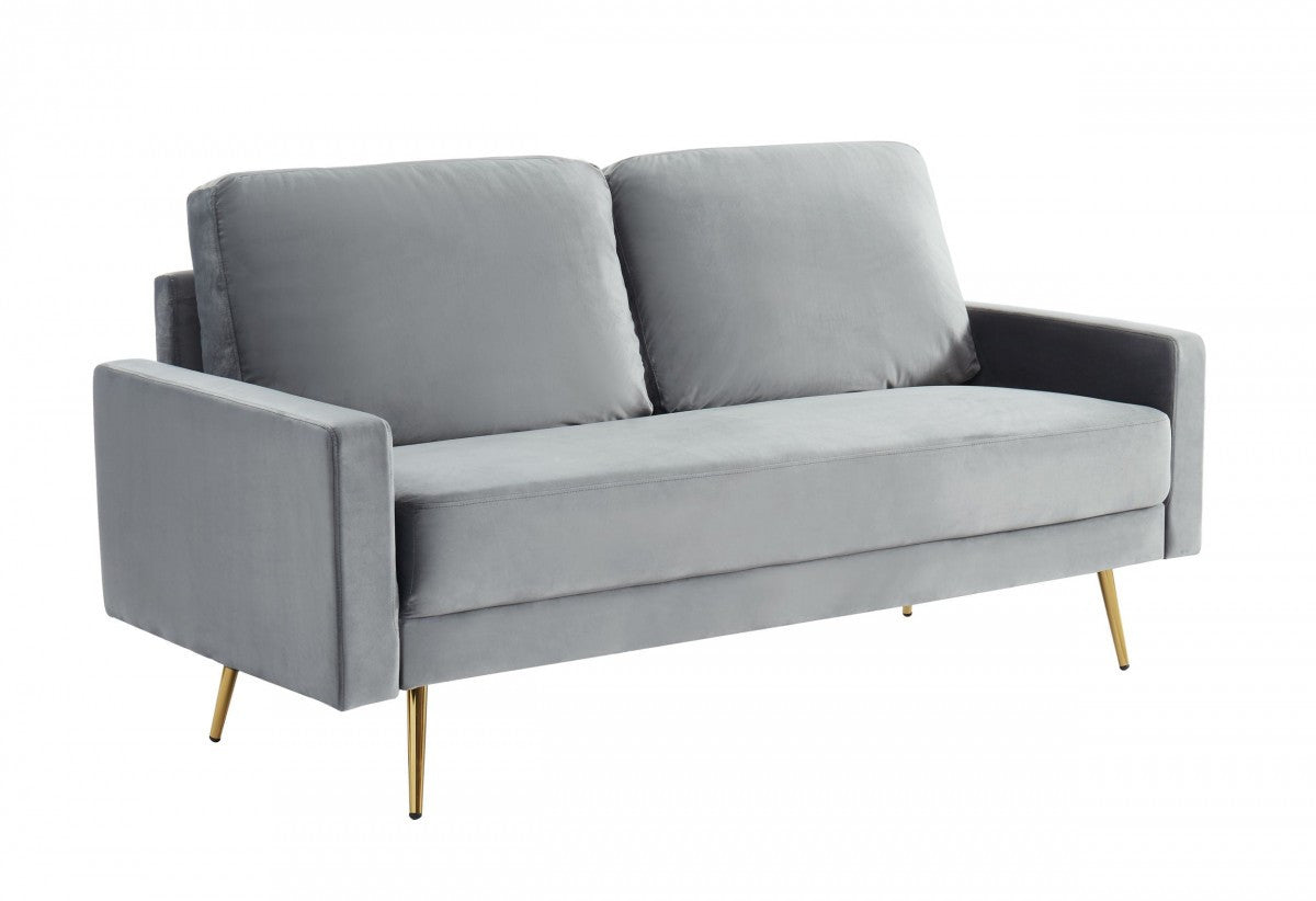 72" Grey Velvet And Brass Sofa