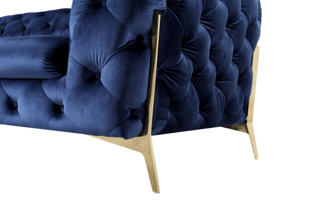 50" Blue Tufted Velvet And Gold Solid Color Lounge Chair