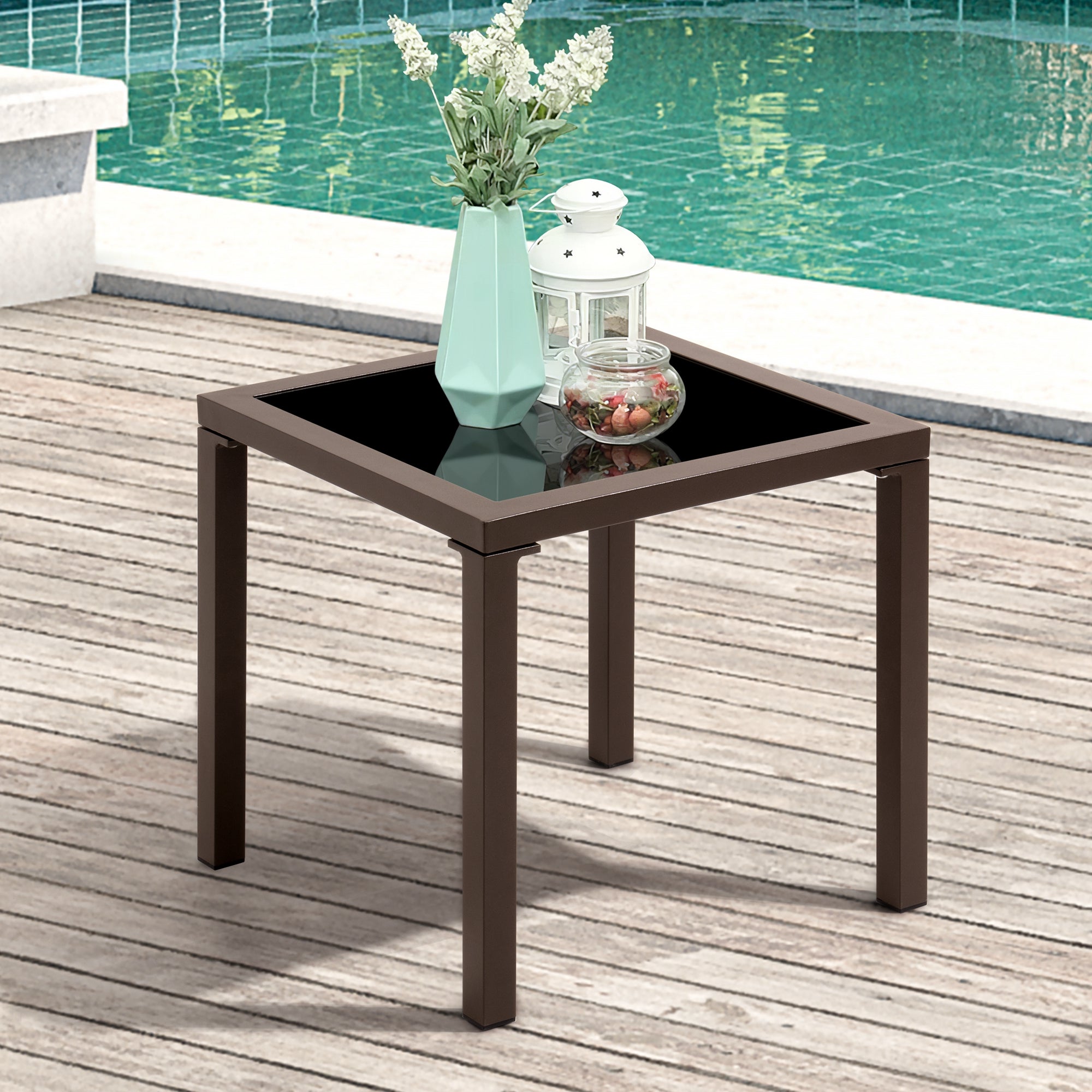 16" Black Square Glass Outdoor Side Table