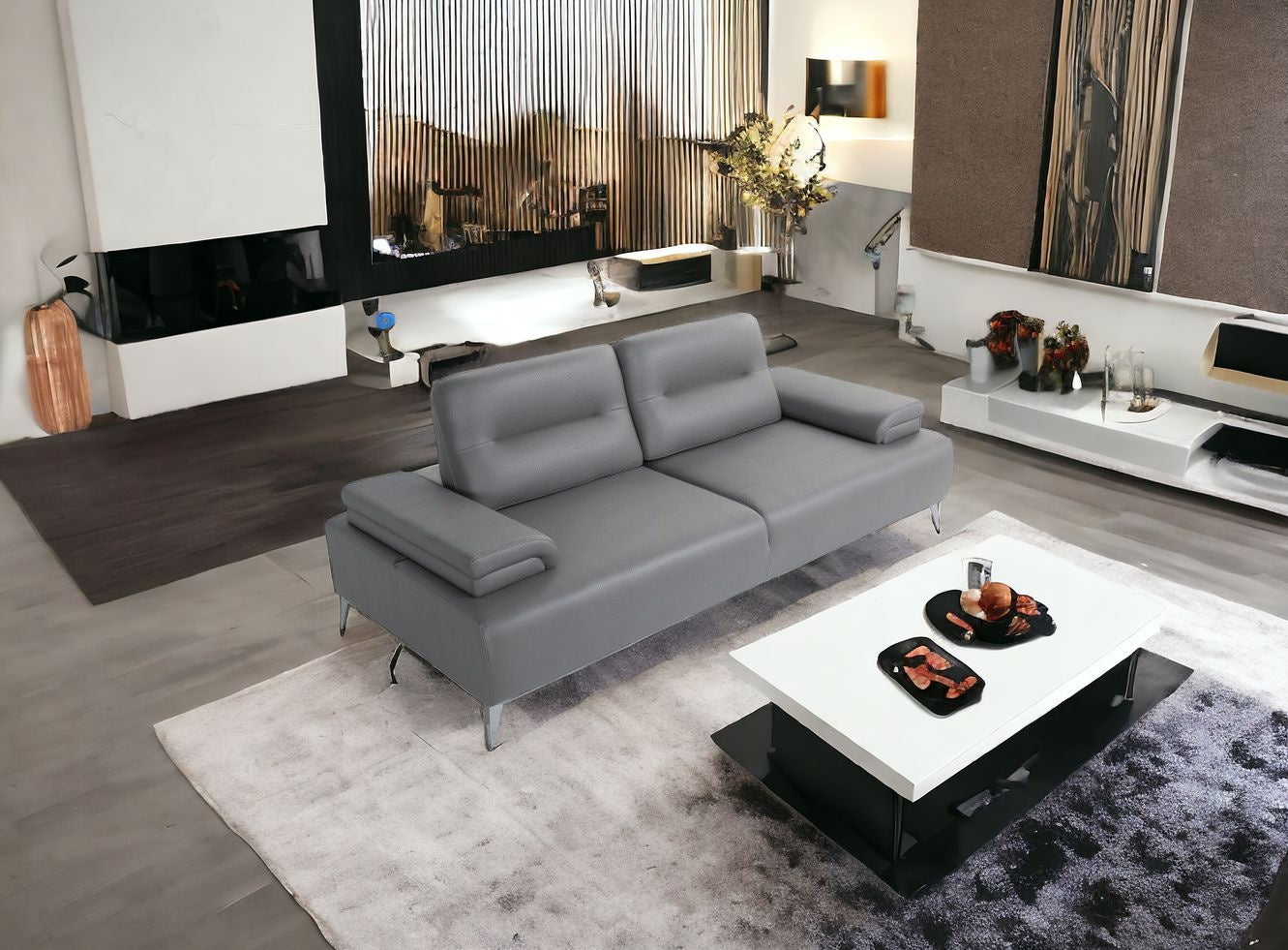 89" Light Gray Leather Convertible Sofa And Toss Pillows With Silver Legs