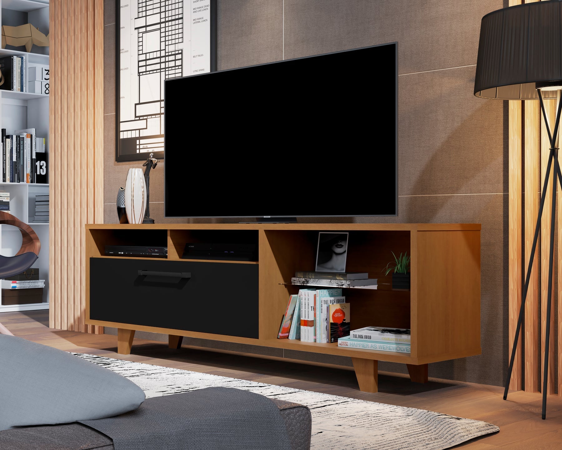 Open Shelving TV Stand With Legs For Up To 70" TV