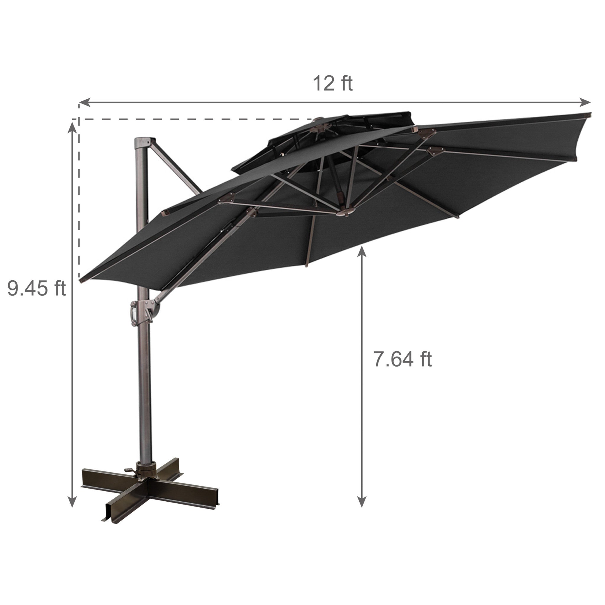 12' Black Polyester Round Tilt Cantilever Patio Umbrella With Stand