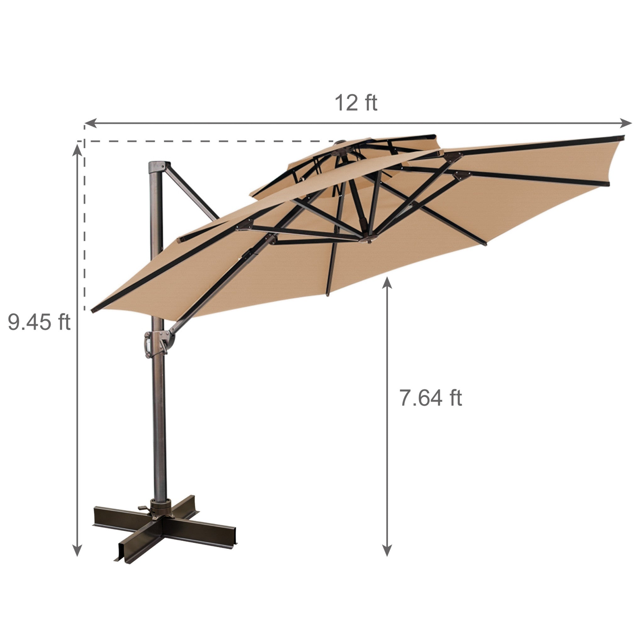 12' Tan Polyester Round Tilt Cantilever Patio Umbrella With Stand