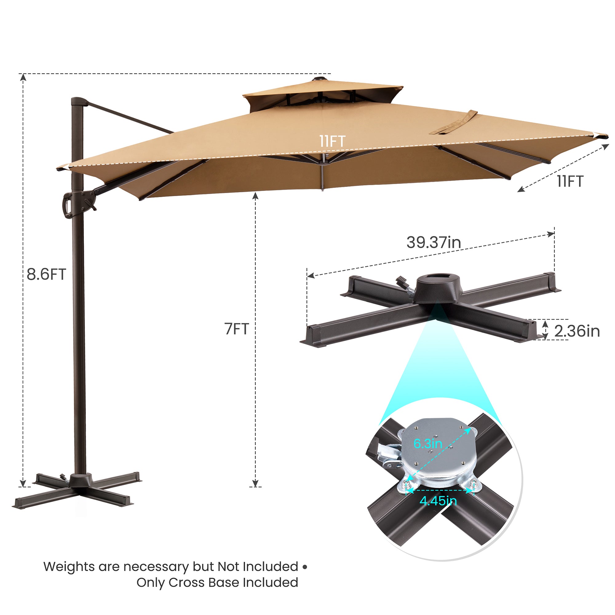 11' Tan Polyester Round Tilt Cantilever Patio Umbrella With Stand