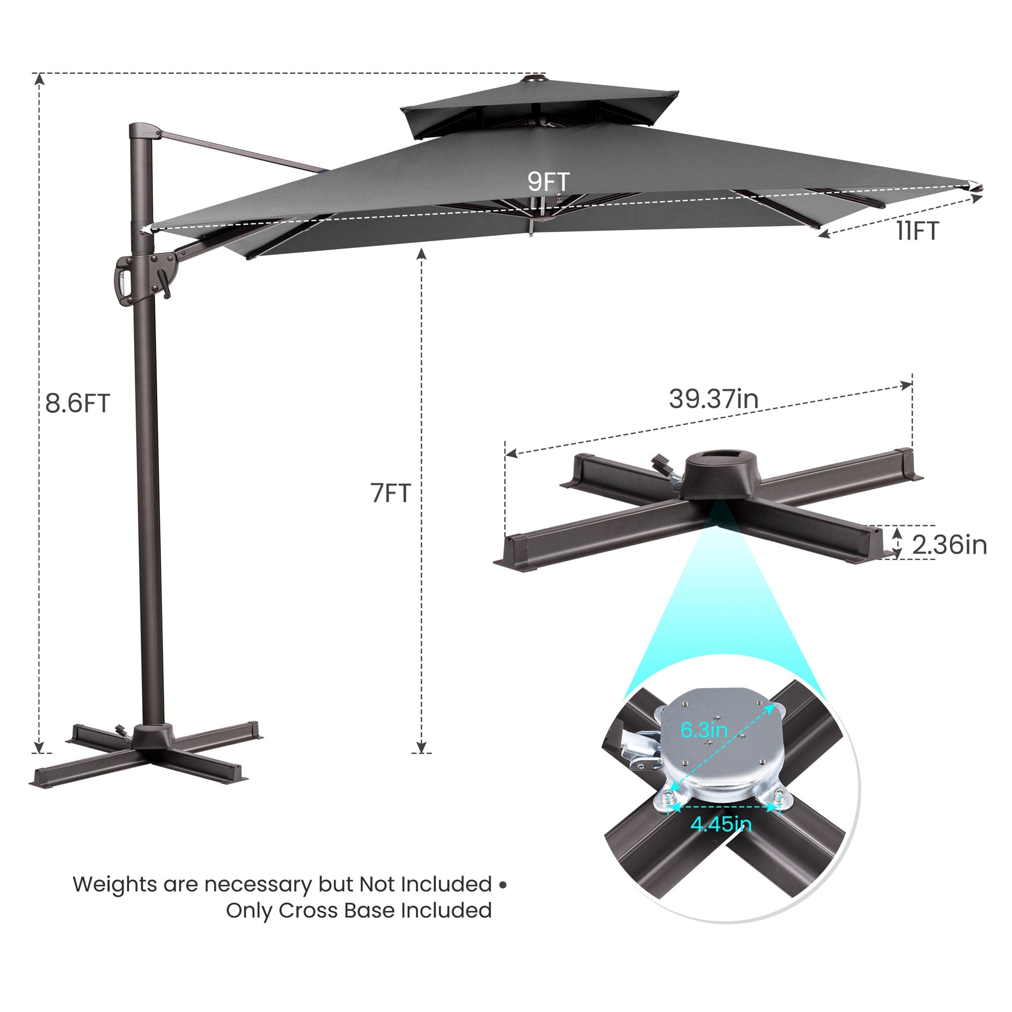 11' Dark Gray Polyester Round Tilt Cantilever Patio Umbrella With Stand