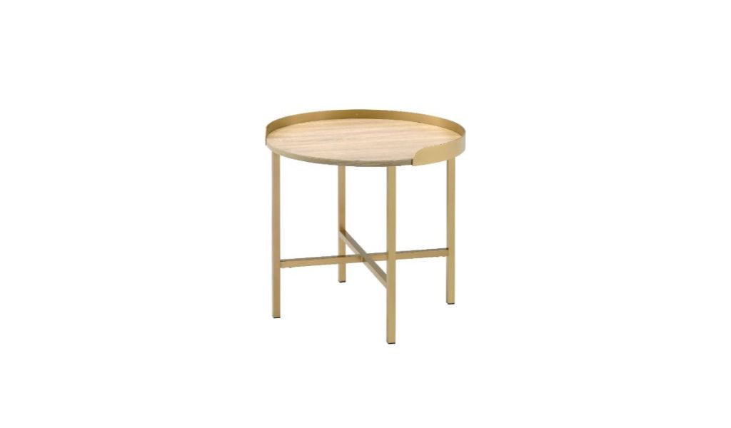 22" Gold And Oak Manufactured Wood And Metal Round End Table