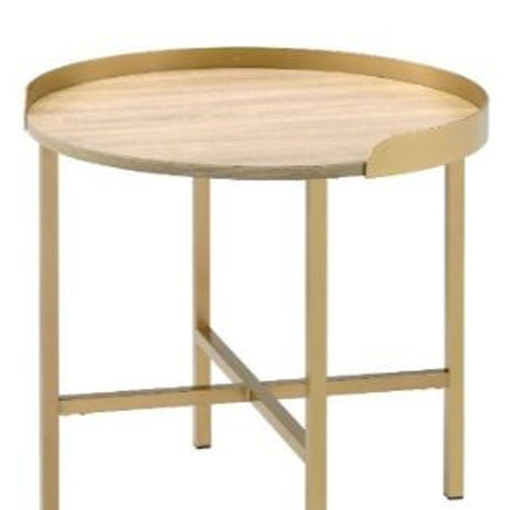 22" Gold And Oak Manufactured Wood And Metal Round End Table