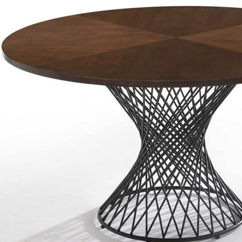 54" Brown And Black Rounded Solid Manufactured Wood And Iron Pedestal Base Dining Table