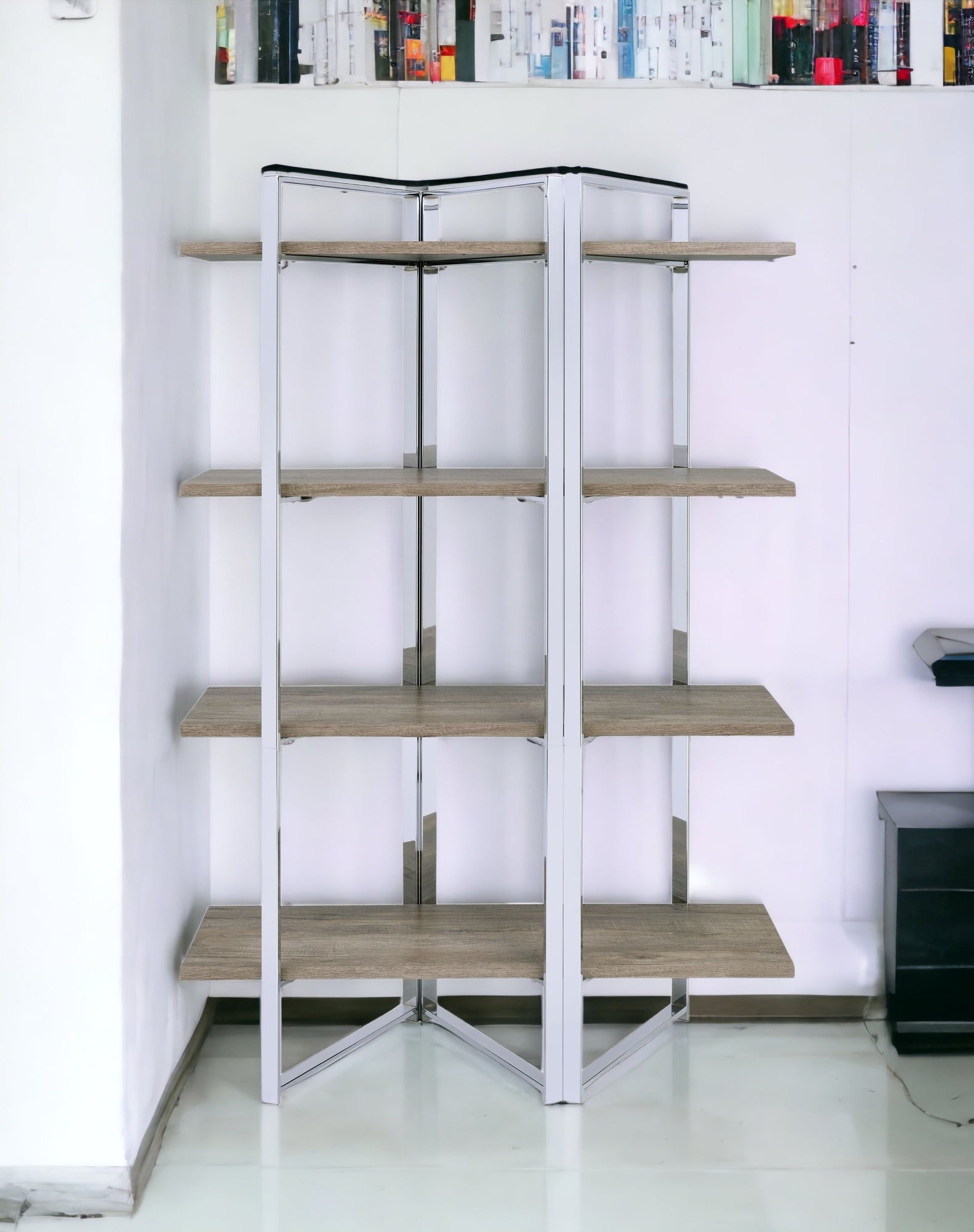 72" Brown and Silver Metal Four Tier Etagere Bookcase