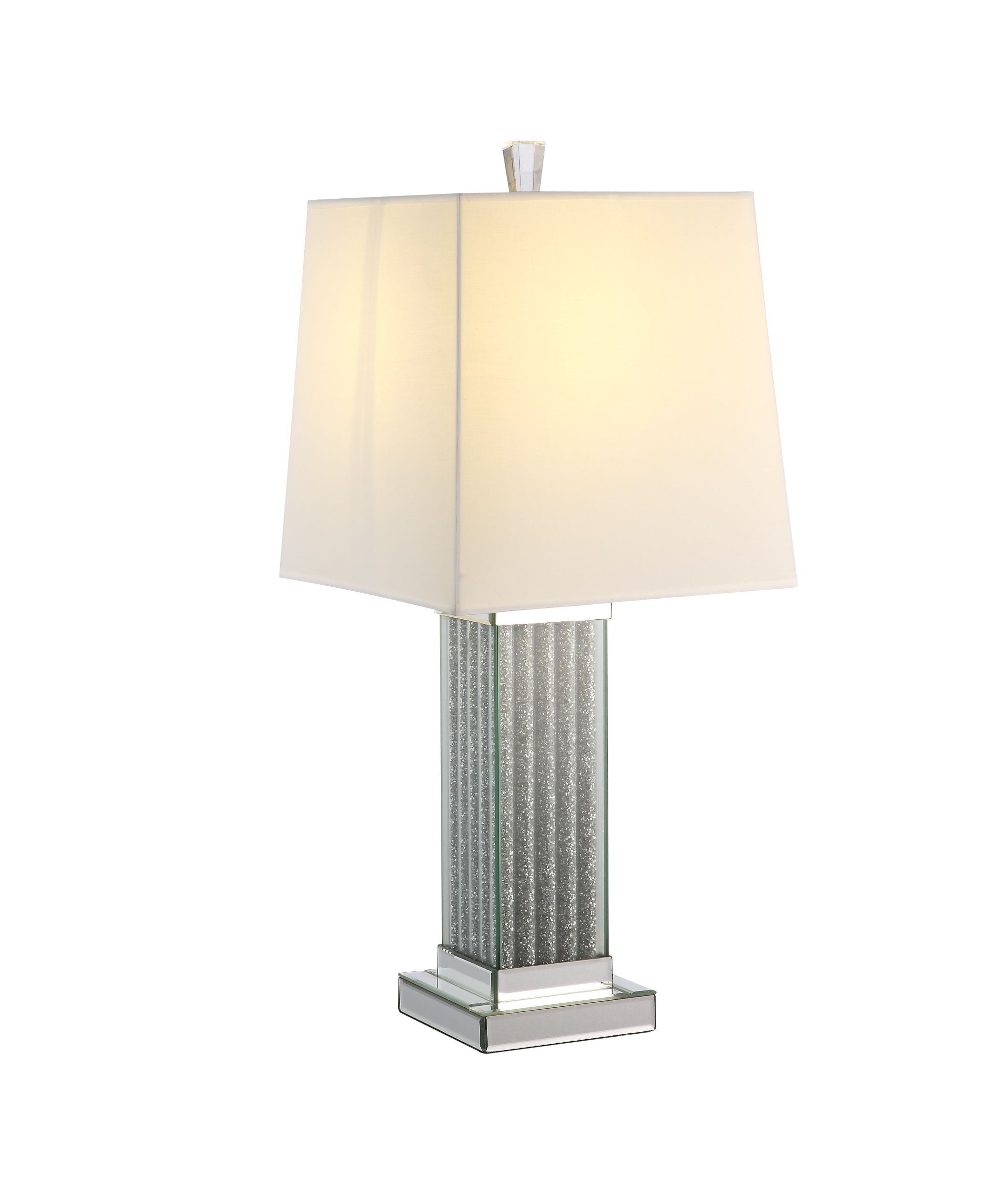 30" Mirrored Glass and Faux Stone Column Table Lamp With White Square Shade