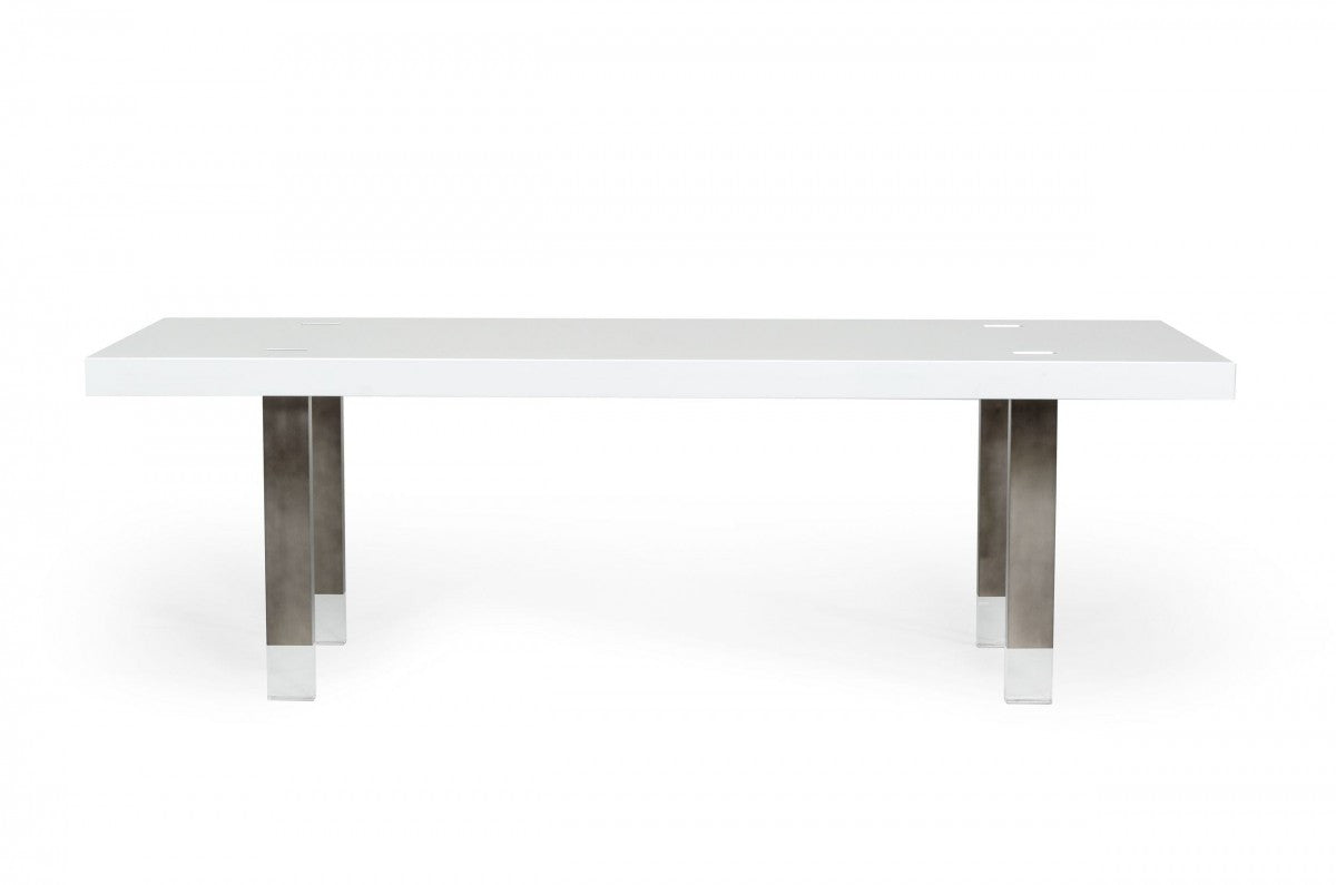 95" White And Gun Metal Rectangular Manufactured Wood And Stainless Steel Dining Table