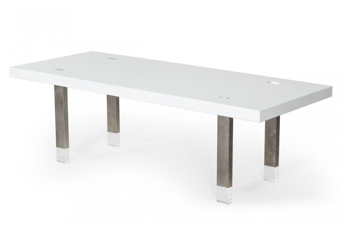 95" White And Gun Metal Rectangular Manufactured Wood And Stainless Steel Dining Table