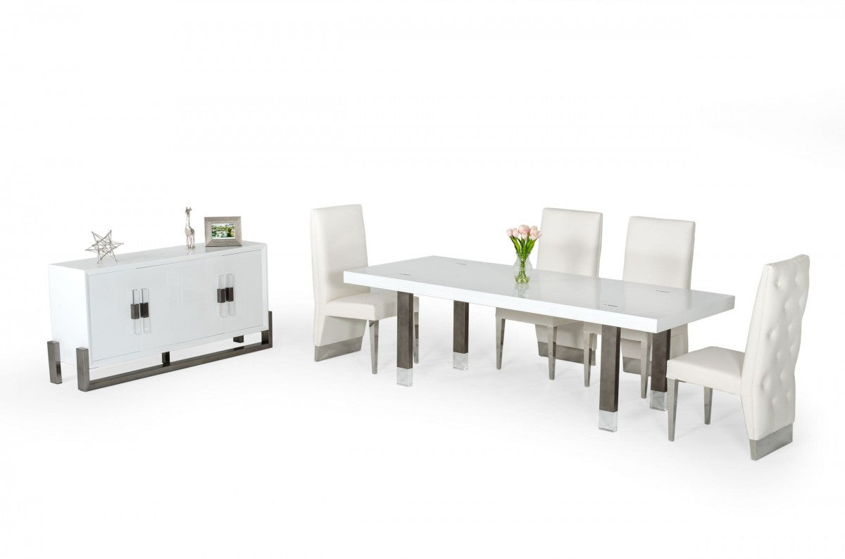95" White And Gun Metal Rectangular Manufactured Wood And Stainless Steel Dining Table