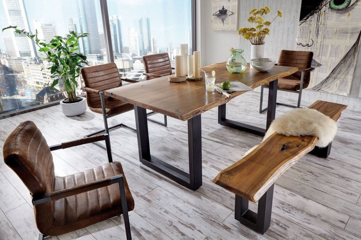 102" Brown And Black Solid Wood And Metal Sled Base Dining Table