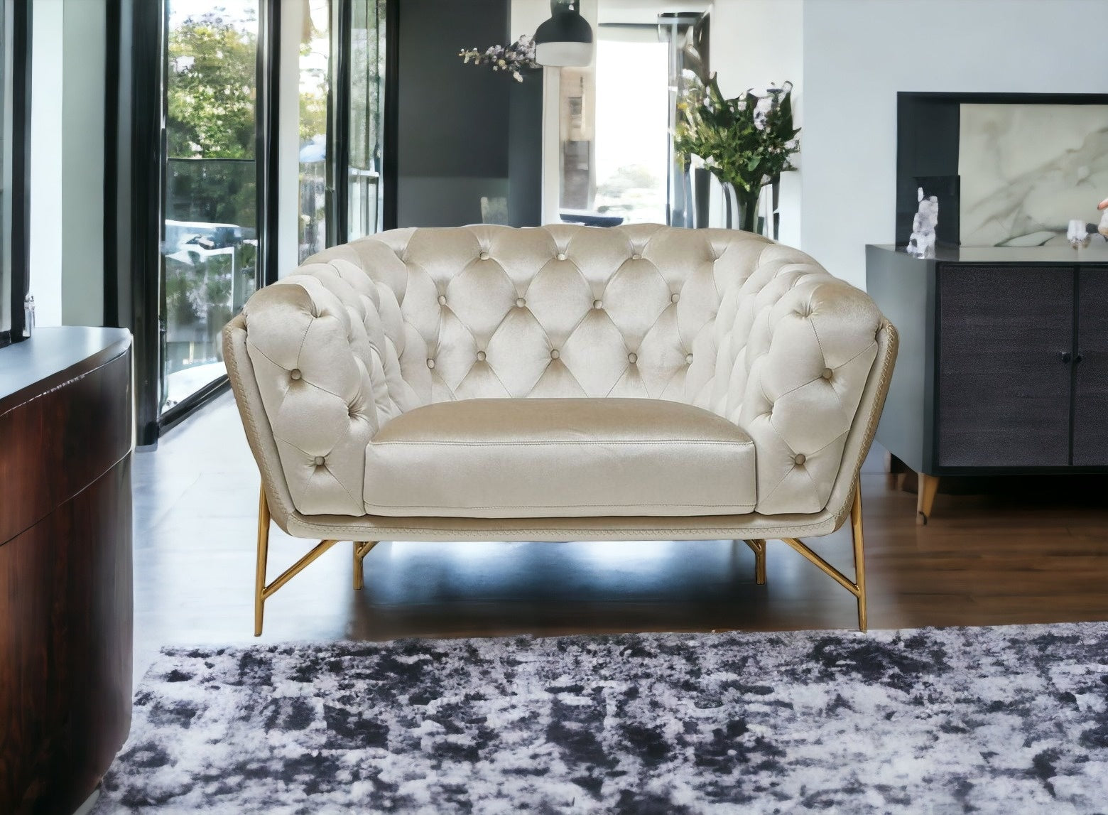 49" Beige And Gold Velvet Tufted Arm Chair