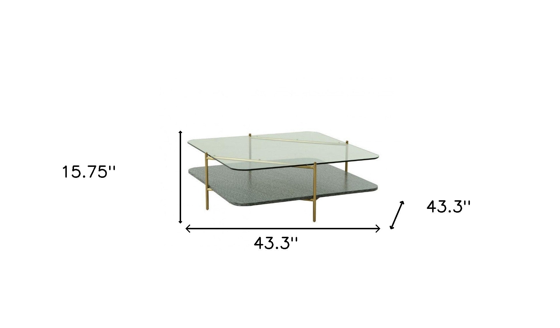 43" Clear and Gold Glass And Steel Square Coffee Table With Shelf