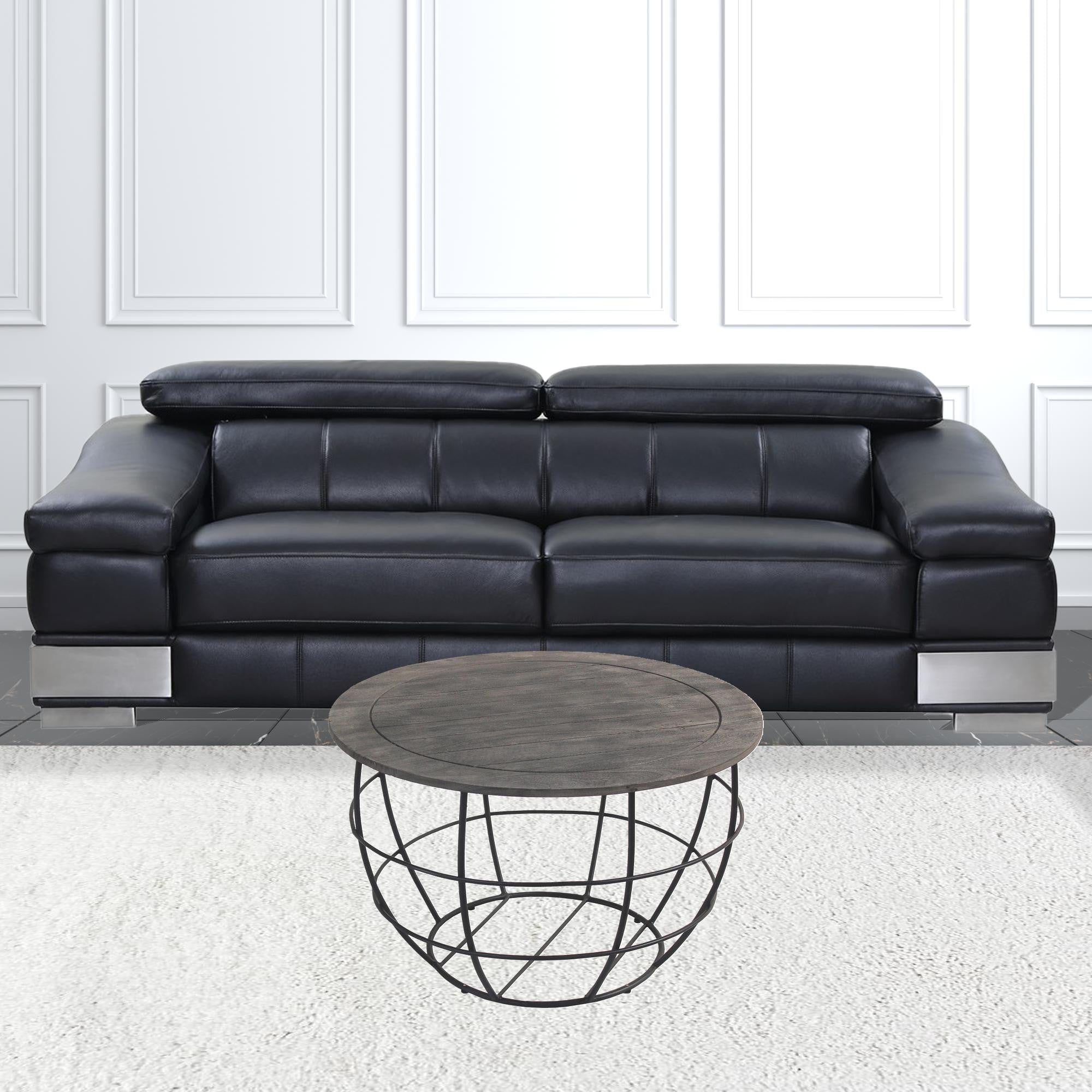 32" Gray Solid Wood Round Distressed Drum Drum Coffee Table