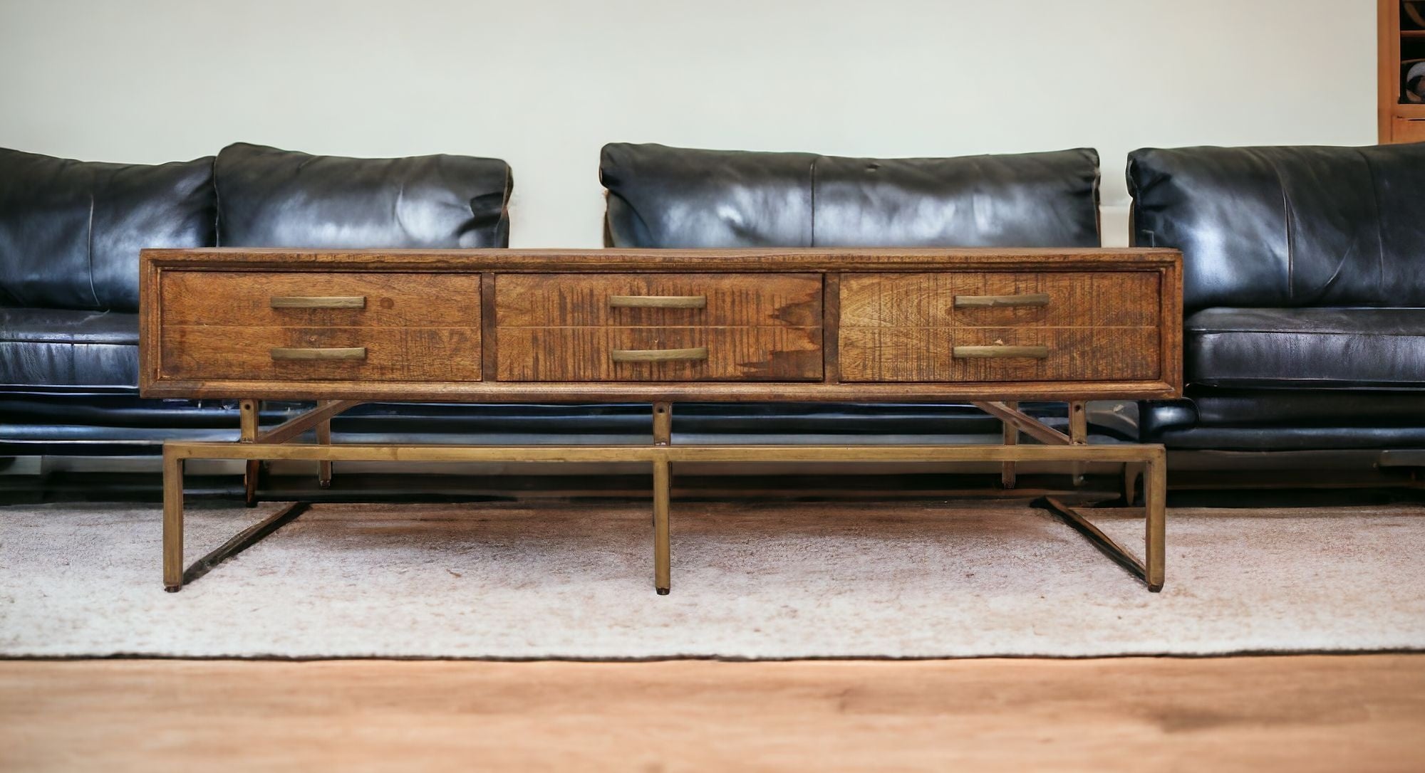 56" Brown and Brass Solid Wood and Iron Distressed Frame Coffee Table With Six Drawers