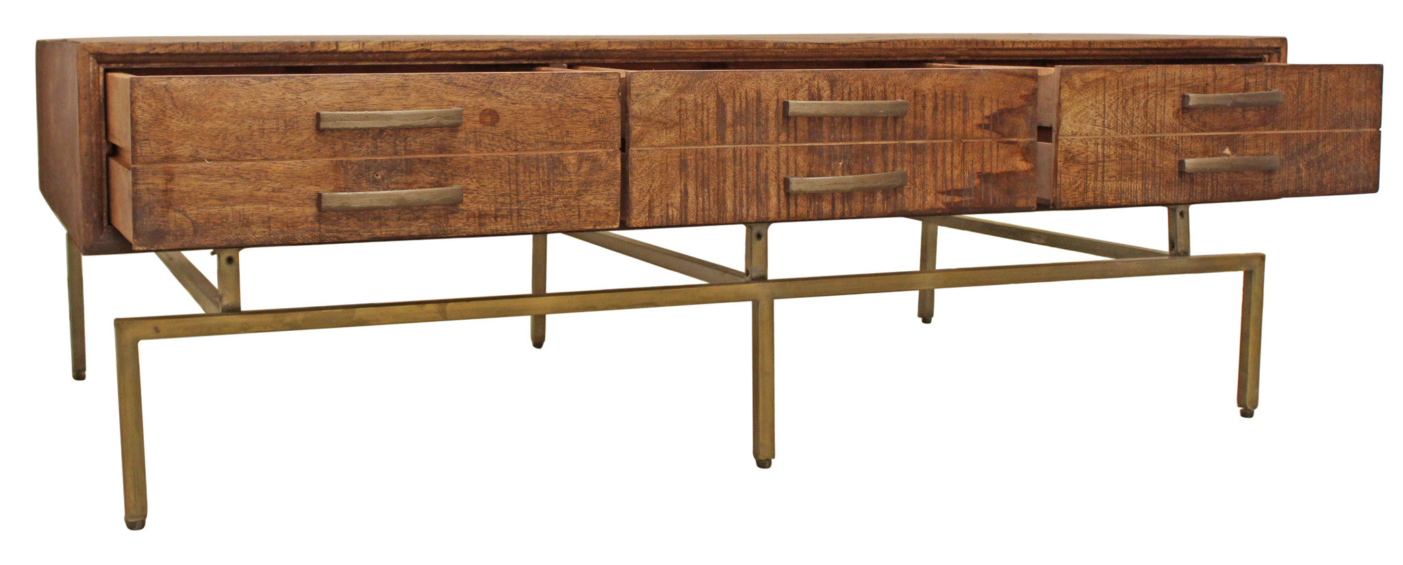 56" Brown and Brass Solid Wood and Iron Distressed Frame Coffee Table With Six Drawers
