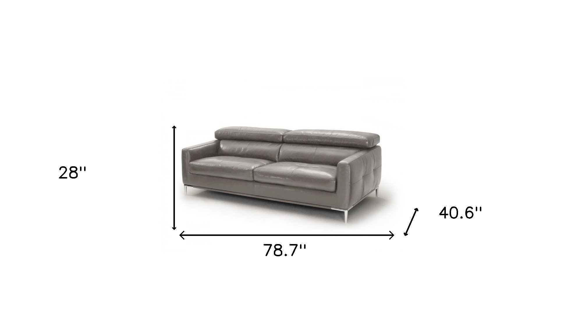 79" Dark Grey Genuine Leather and Silver Sofa