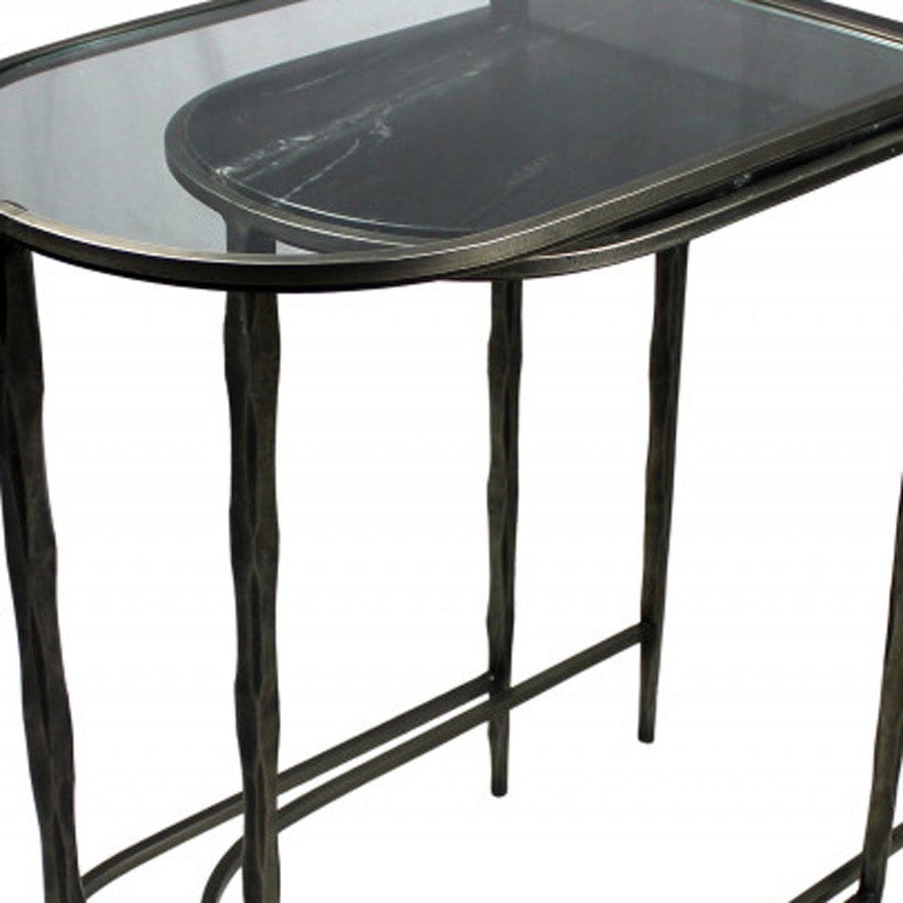 Set of Two 25" Black And Clear Glass And Genuine Marble Half Circle Three Leg Console Table