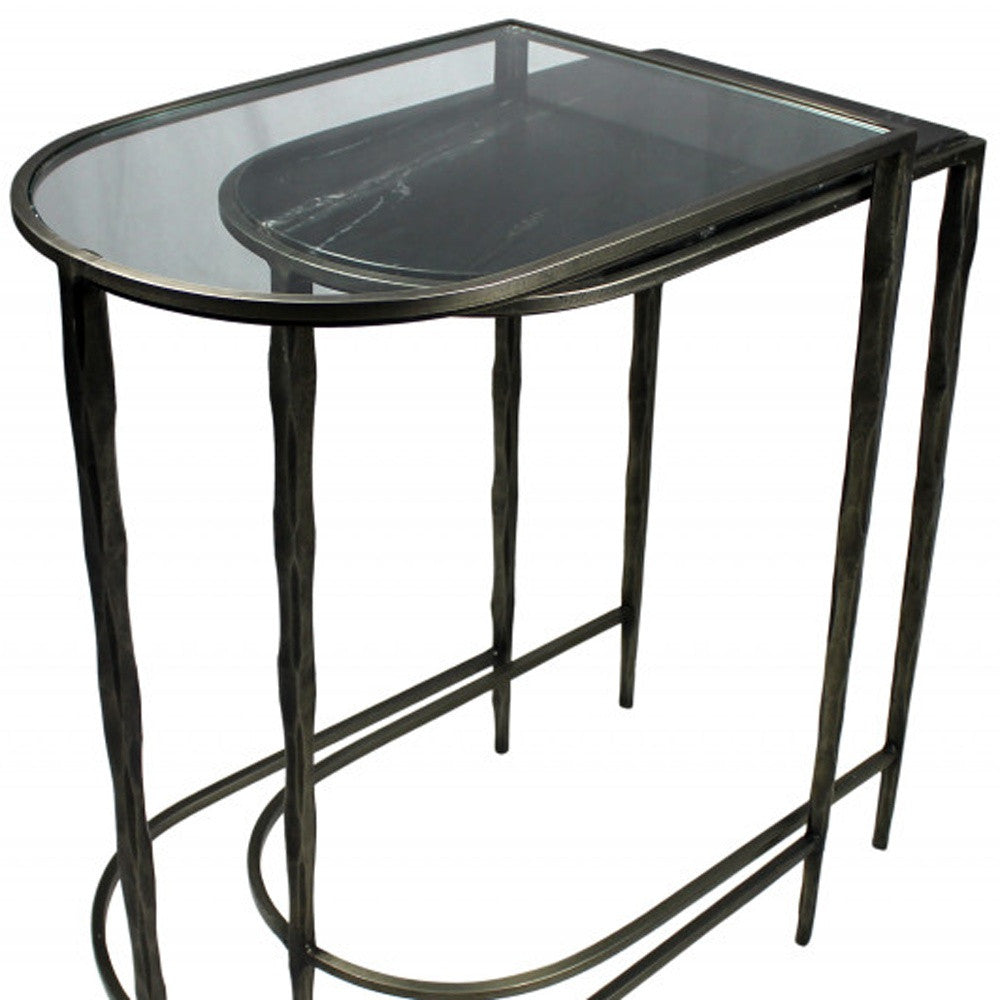 Set of Two 25" Black And Clear Glass And Genuine Marble Half Circle Three Leg Console Table