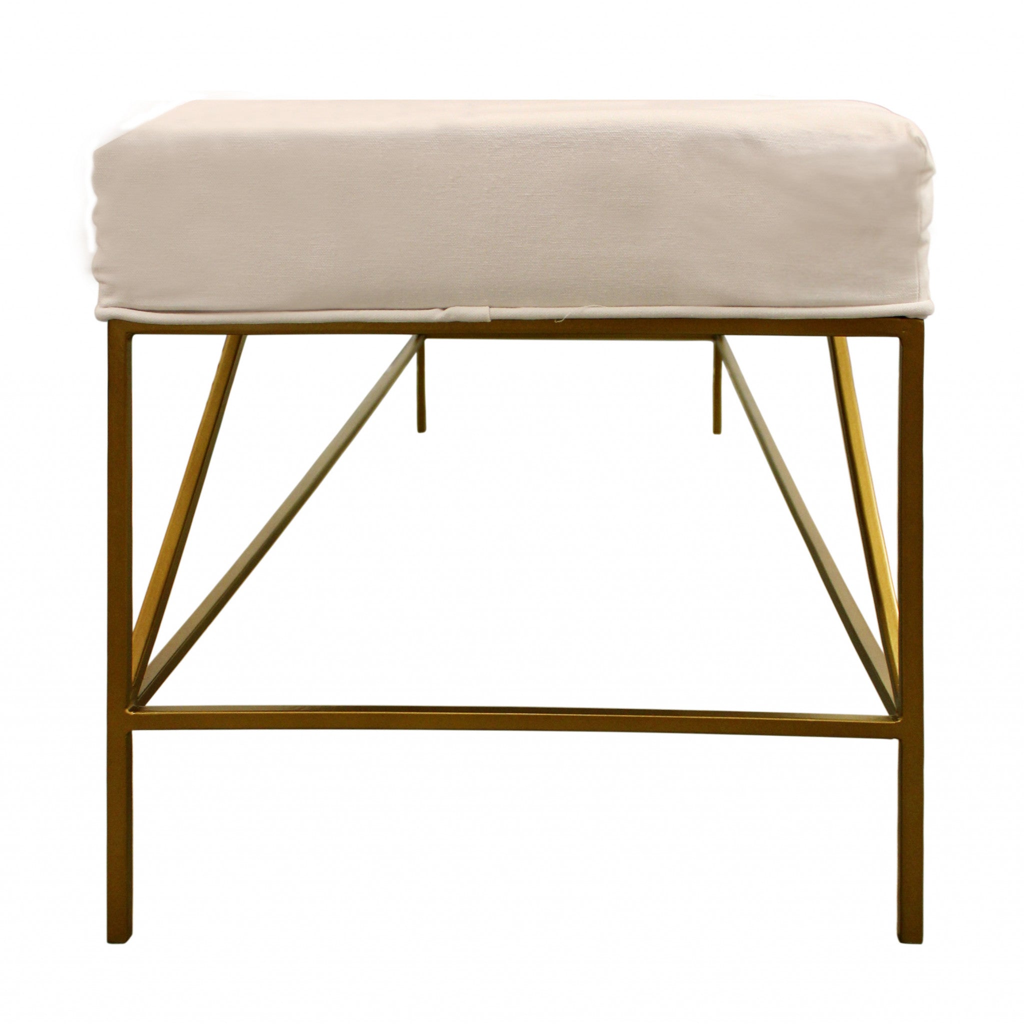 58" Ivory And Gold 100% Linen Upholstered Entryway Bench
